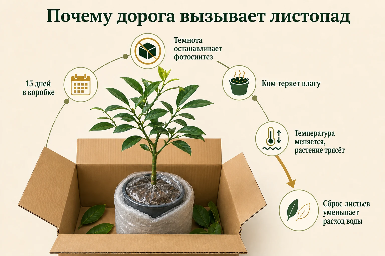 Долгая дорога сочетает темноту, подсыхание, перепады температуры и тряску, поэтому грейпфрут может сбросить листья, уменьшая расход воды.