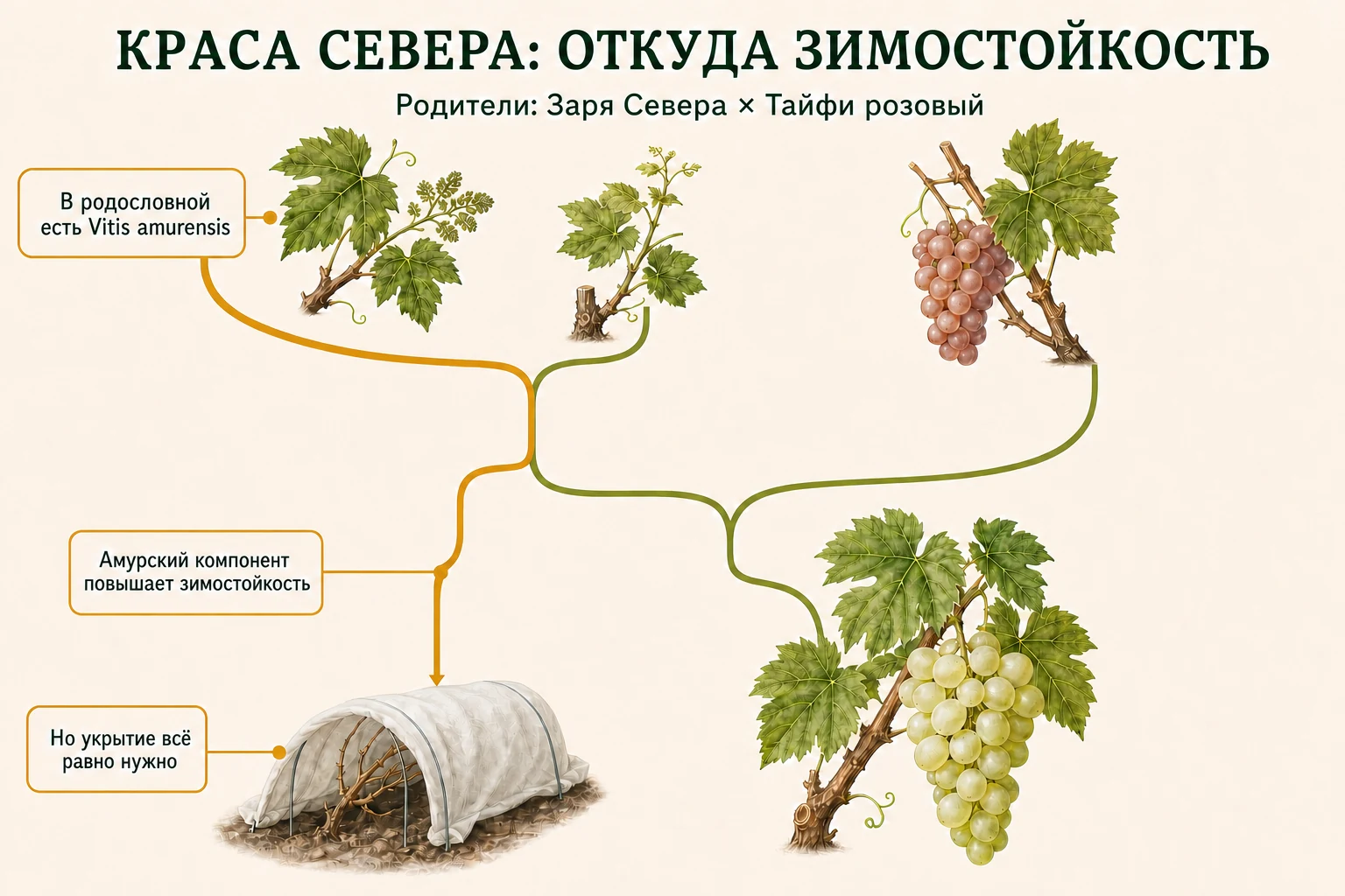 Вложенная родословная Красы Севера: амурский виноград через Зарю Севера и Тайфи розовый.