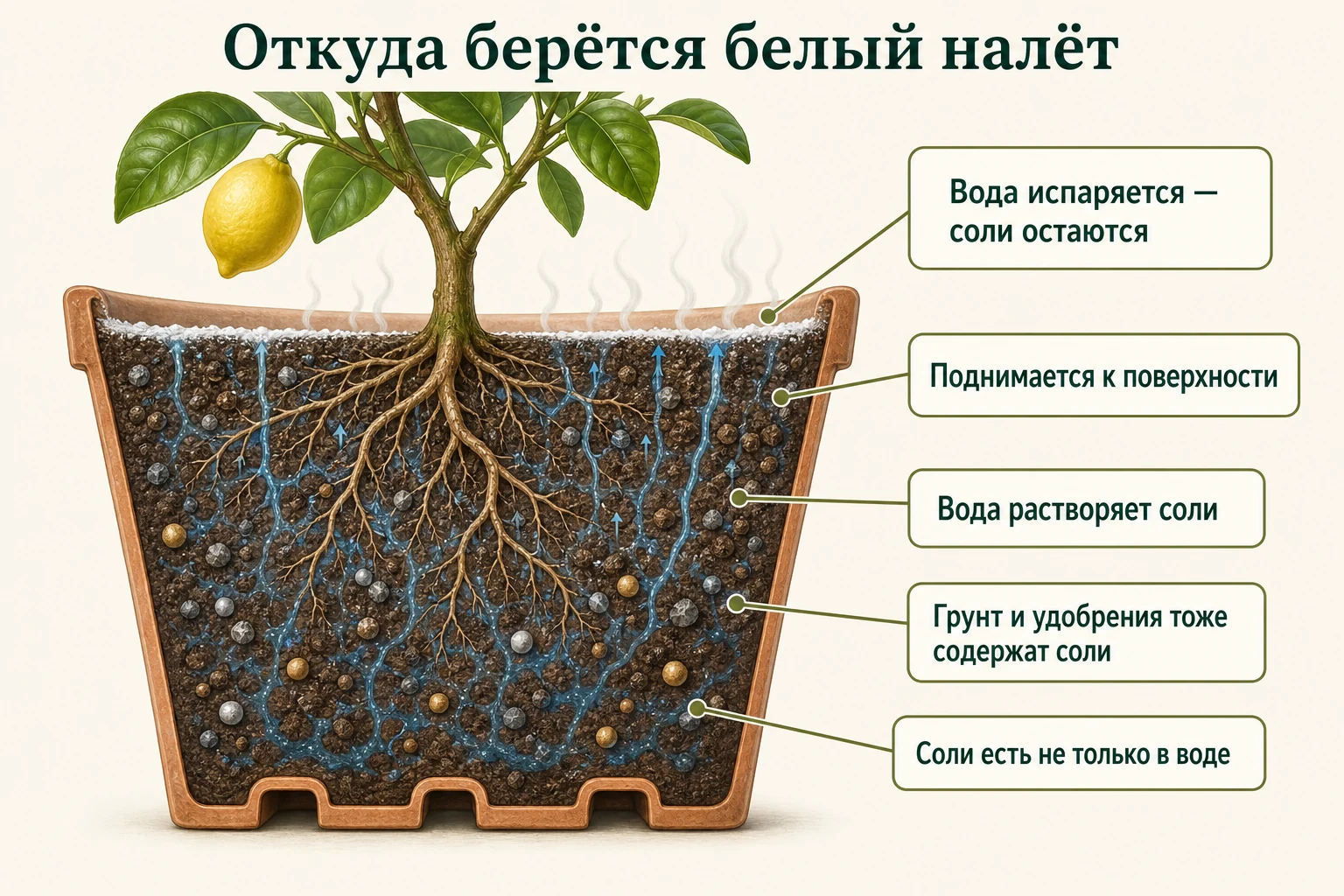 Капиллярный путь солей в горшке: вода растворяет соли из грунта и удобрений, поднимается к поверхности и испаряется, оставляя белый налёт.