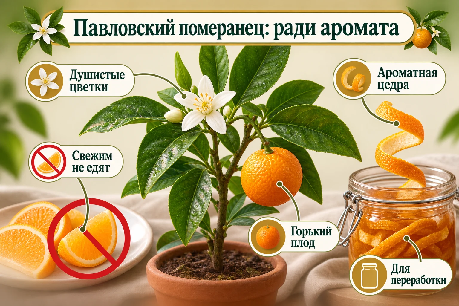 Душистый цветок и горький плод Павловского померанца, чья цедра подходит для переработки, но не для свежей еды.