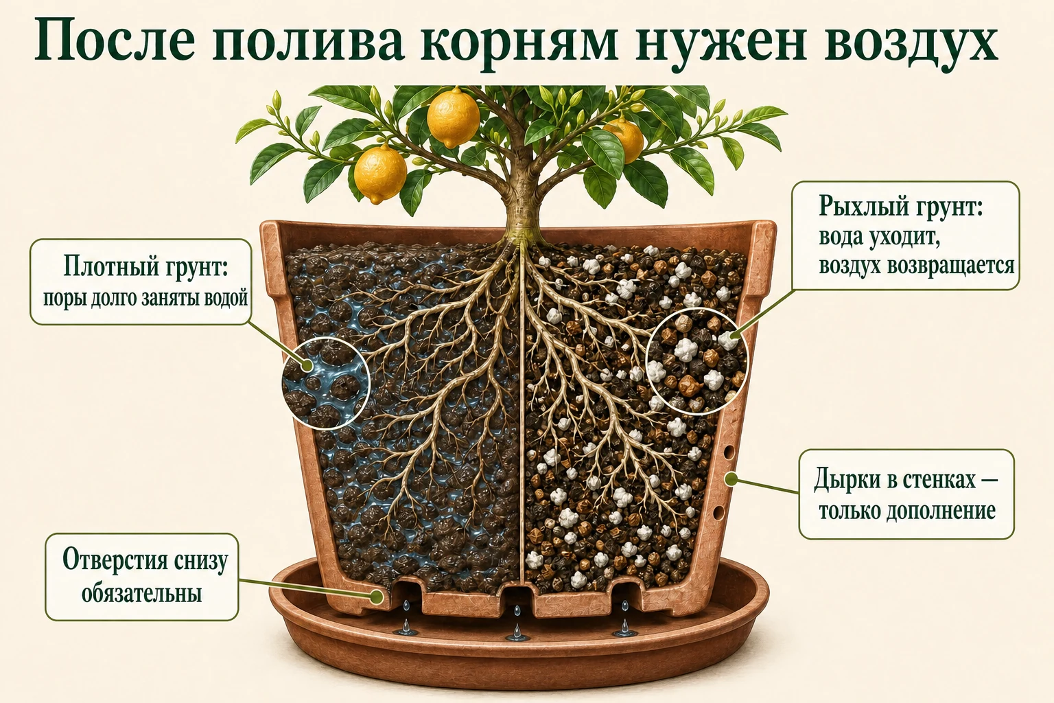 В рыхлом субстрате вода уходит через нижние отверстия, а воздух возвращается к корням; боковые отверстия лишь помогают вентиляции.