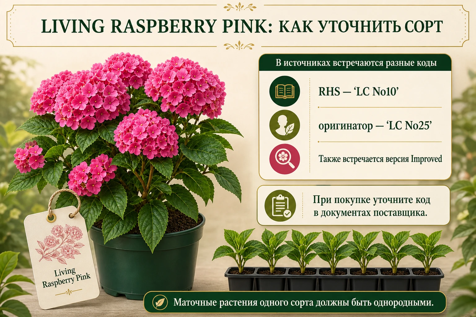 Маточная гортензия и три документальные ветви Living Raspberry Pink: 'LC No10', 'LC No25' и Improved.