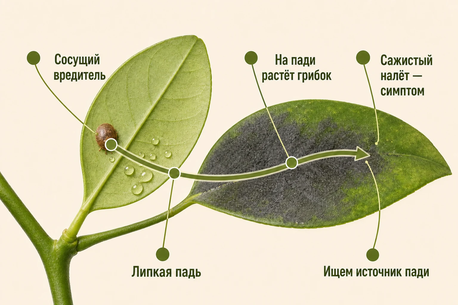 Причинная цепочка на веточке цитруса: сосущий вредитель выделяет липкую падь, на которой появляется поверхностный сажистый налёт.