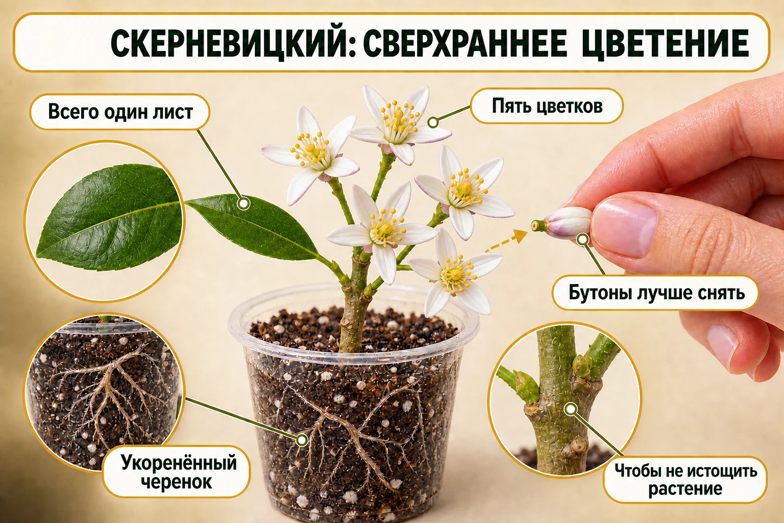 Укоренённый черенок Скерневицкого лимона с одним листом и пятью цветками, с которого снимают лишний бутон.