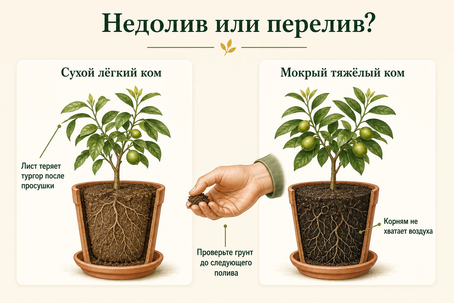 Сравнение сухого лёгкого и мокрого тяжёлого корневого кома лимона перед следующим поливом.