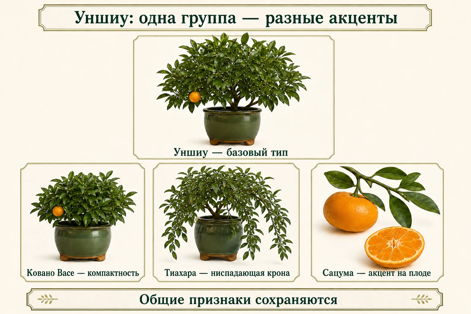 Ботаническая карта группы Уншиу: базовый тип, компактный Ковано Васе, ниспадающая Тиахара и плодовая Сацума.
