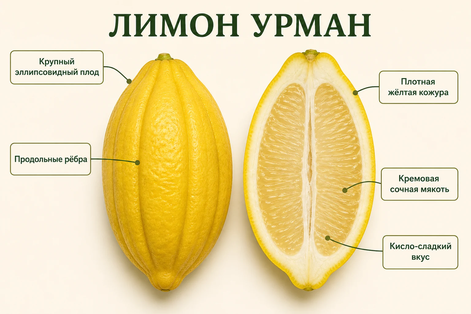 Ребристый эллипсовидный лимон Урман с плотной жёлтой кожурой и кремовой сочной мякотью.
