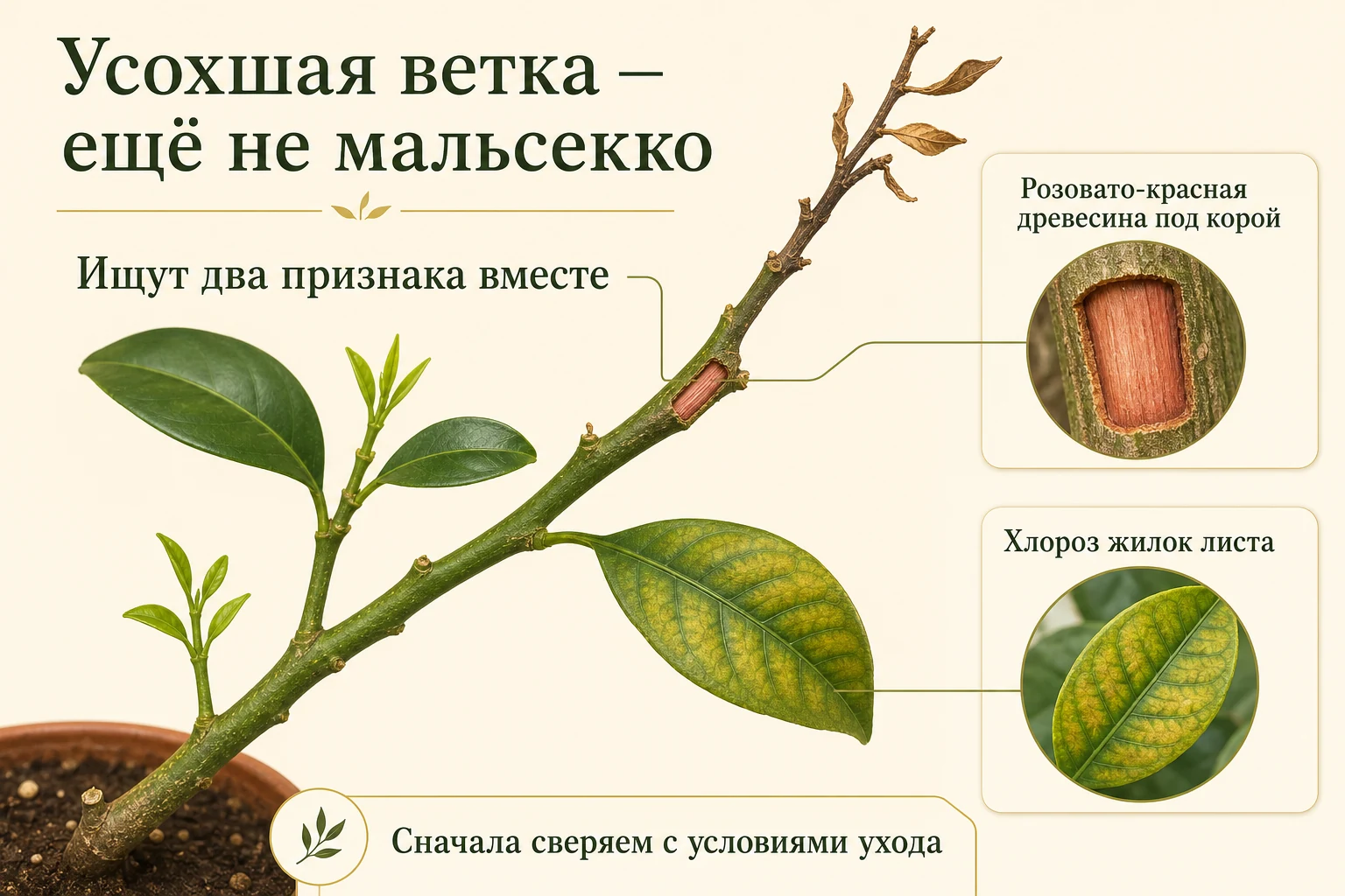 Одна усыхающая ветвь цитруса с небольшим окном древесины и листом с хлорозом жилок.