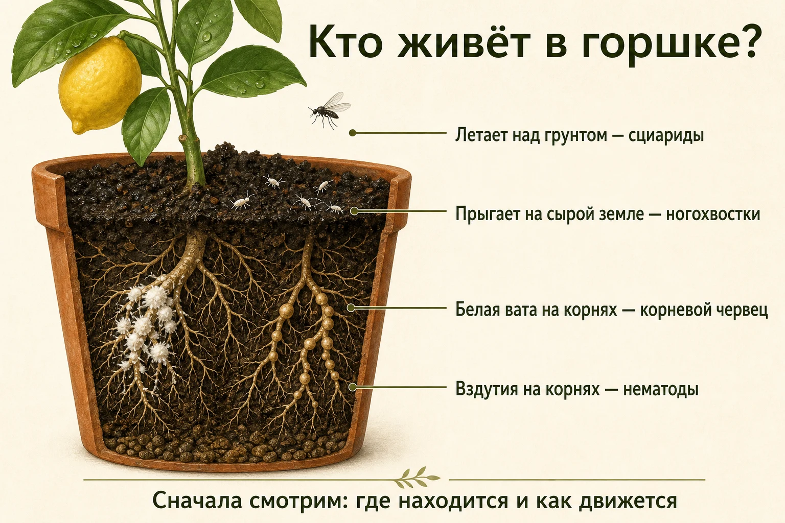 Разрез горшка с лимоном и признаки сциарид, ногохвосток, корневого червеца и нематод