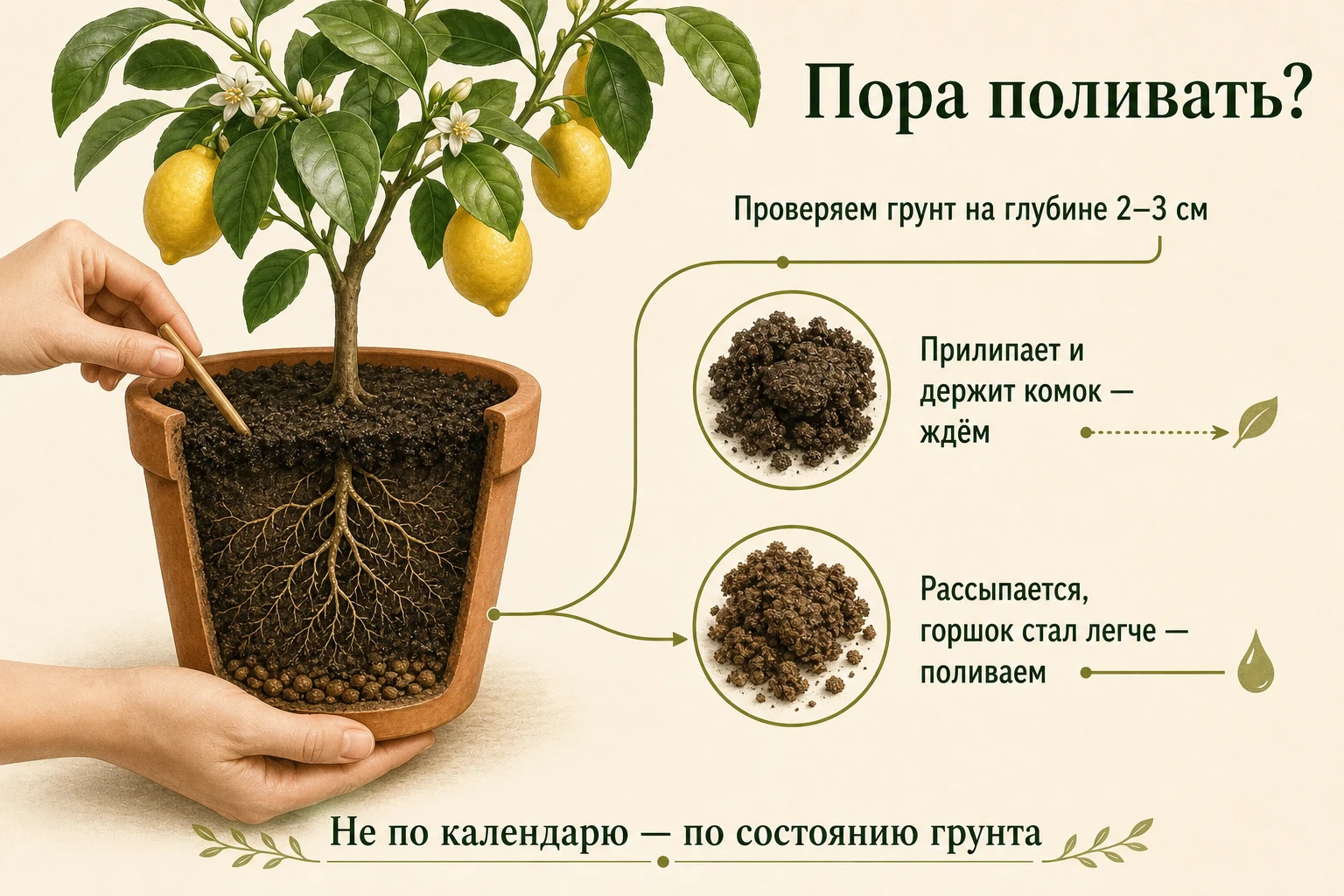 Проверка влажности грунта комнатного лимона на глубине 2–3 сантиметра по комку земли и весу горшка