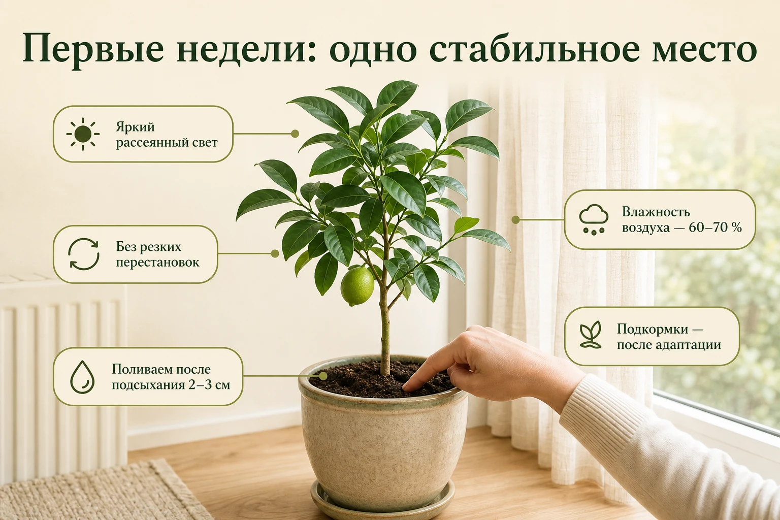 Стабильное место, свет, полив и влажность для нового цитруса