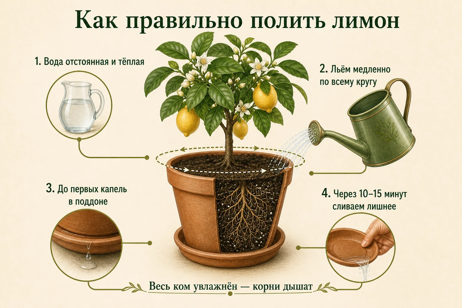 Правильный полив комнатного лимона тёплой отстоянной водой по кругу горшка до первых капель в поддоне