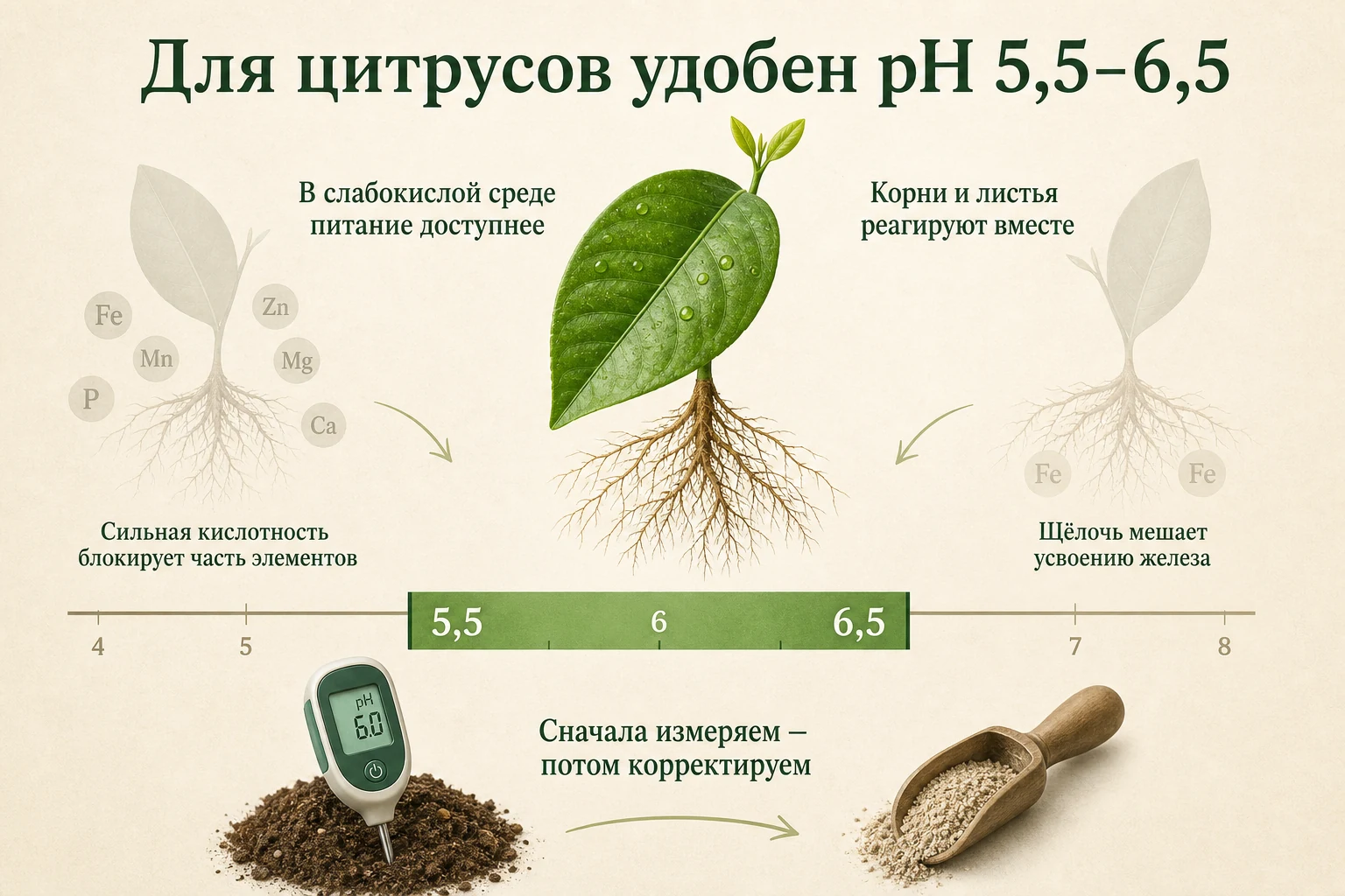 pH 5,5–6,5: доступность питания: наглядная схема для комнатных цитрусов