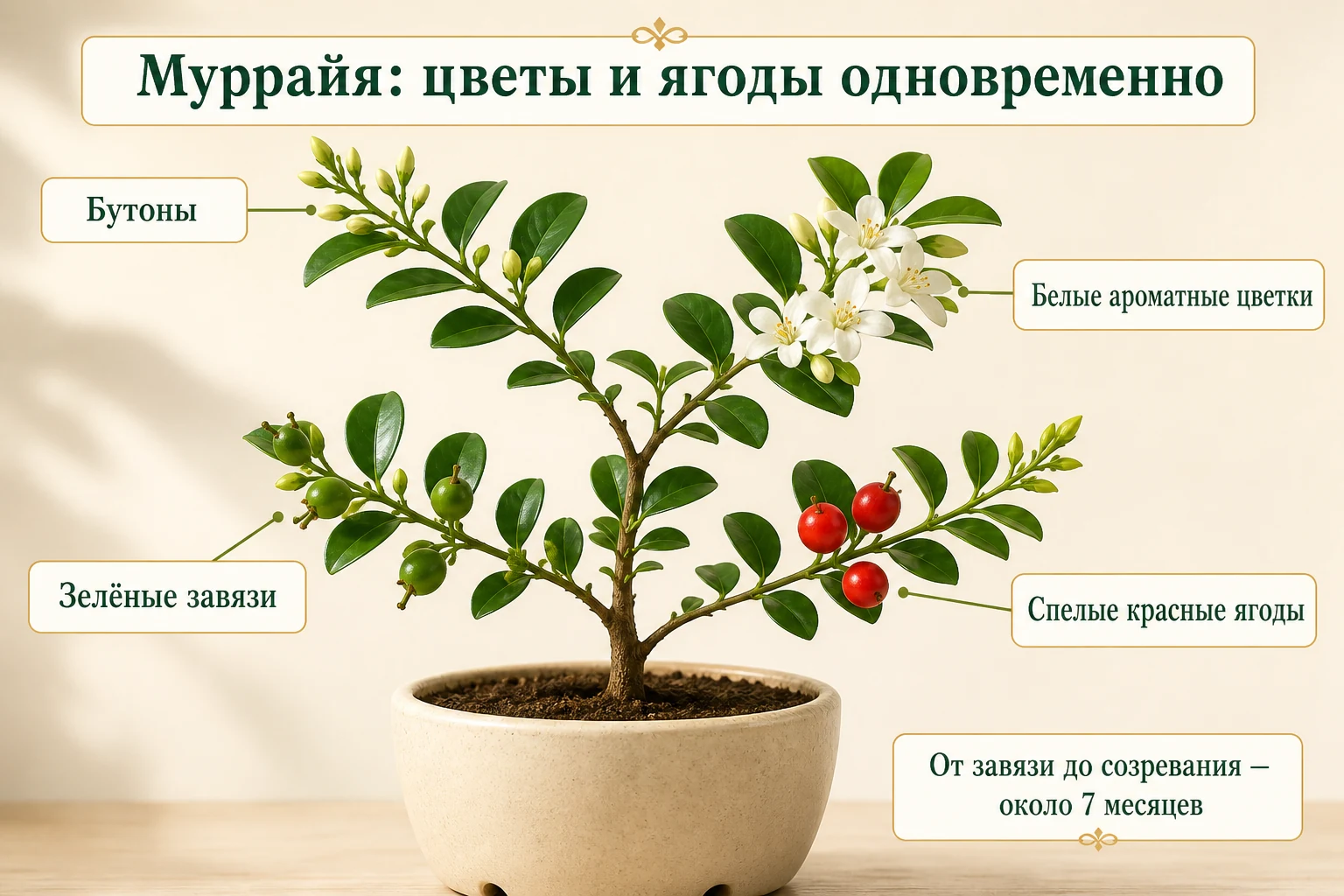 Один куст муррайи с бутонами, белыми цветками, зелёными завязями и красными ягодами на разных веточках.