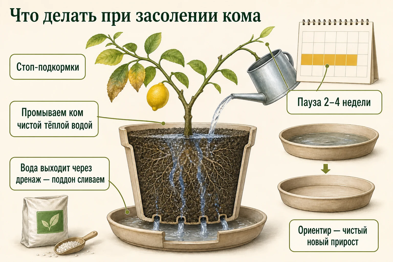 Засолённый корневой ком промывают чистой тёплой водой через реальные дренажные отверстия, поддон сливают и делают паузу в подкормках.