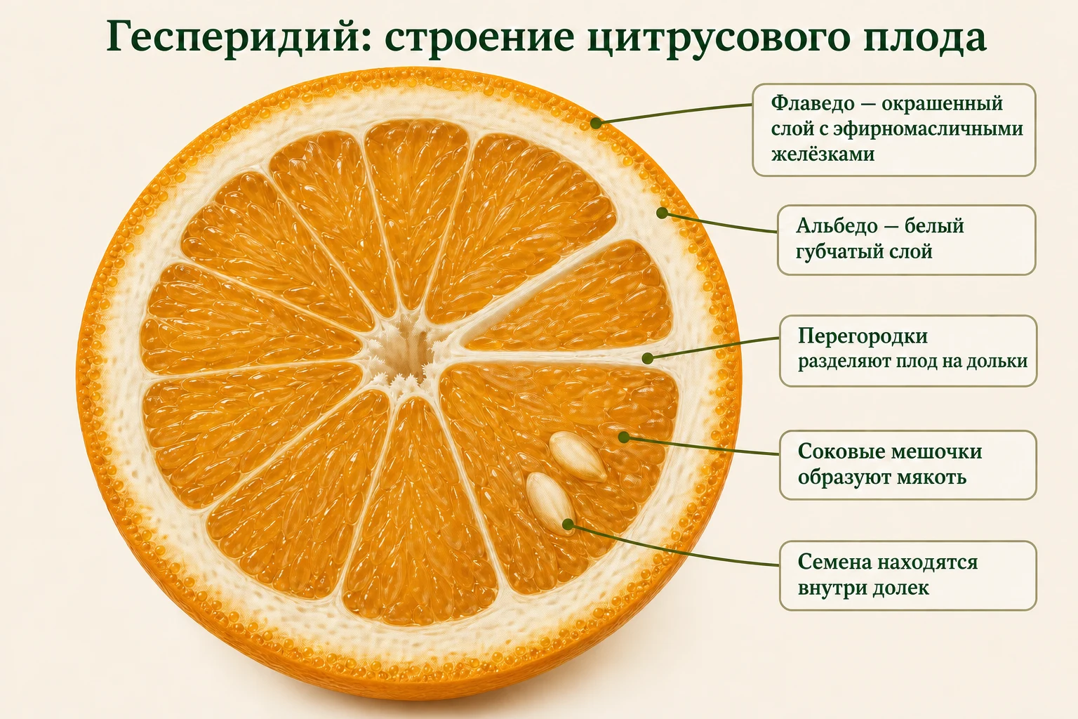 Поперечный разрез гесперидия с флаведо, альбедо, перегородками, соковыми мешочками и семенами внутри долек.