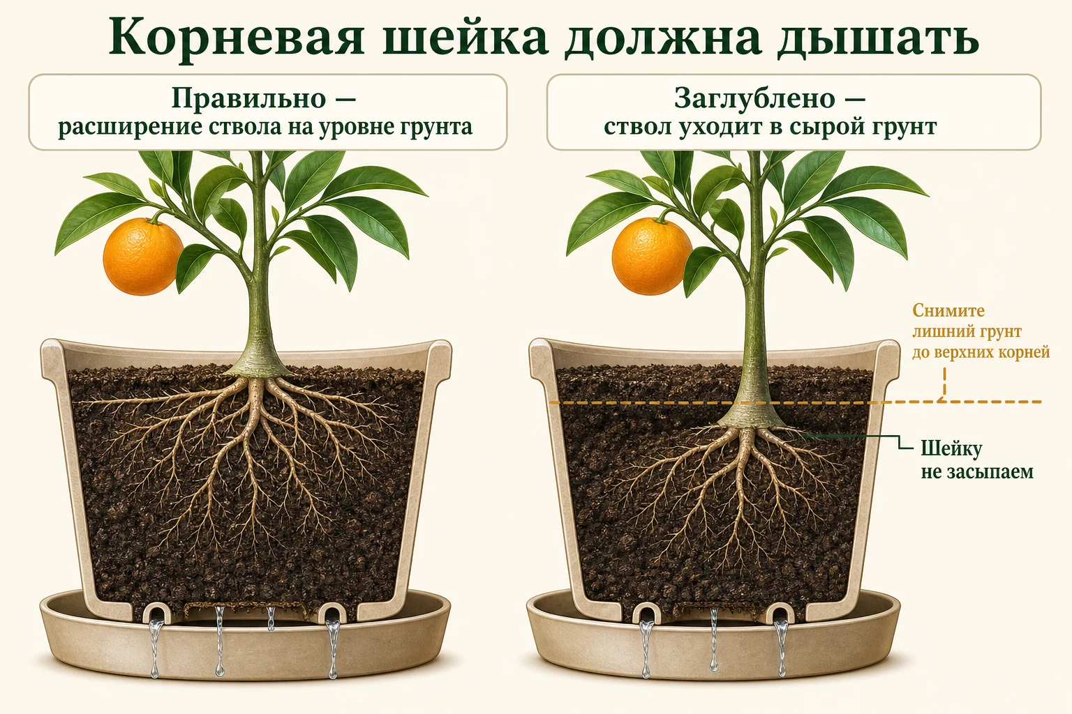 Правильная и заглублённая посадка апельсина: корневая шейка на уровне грунта или скрыта сырым субстратом.
