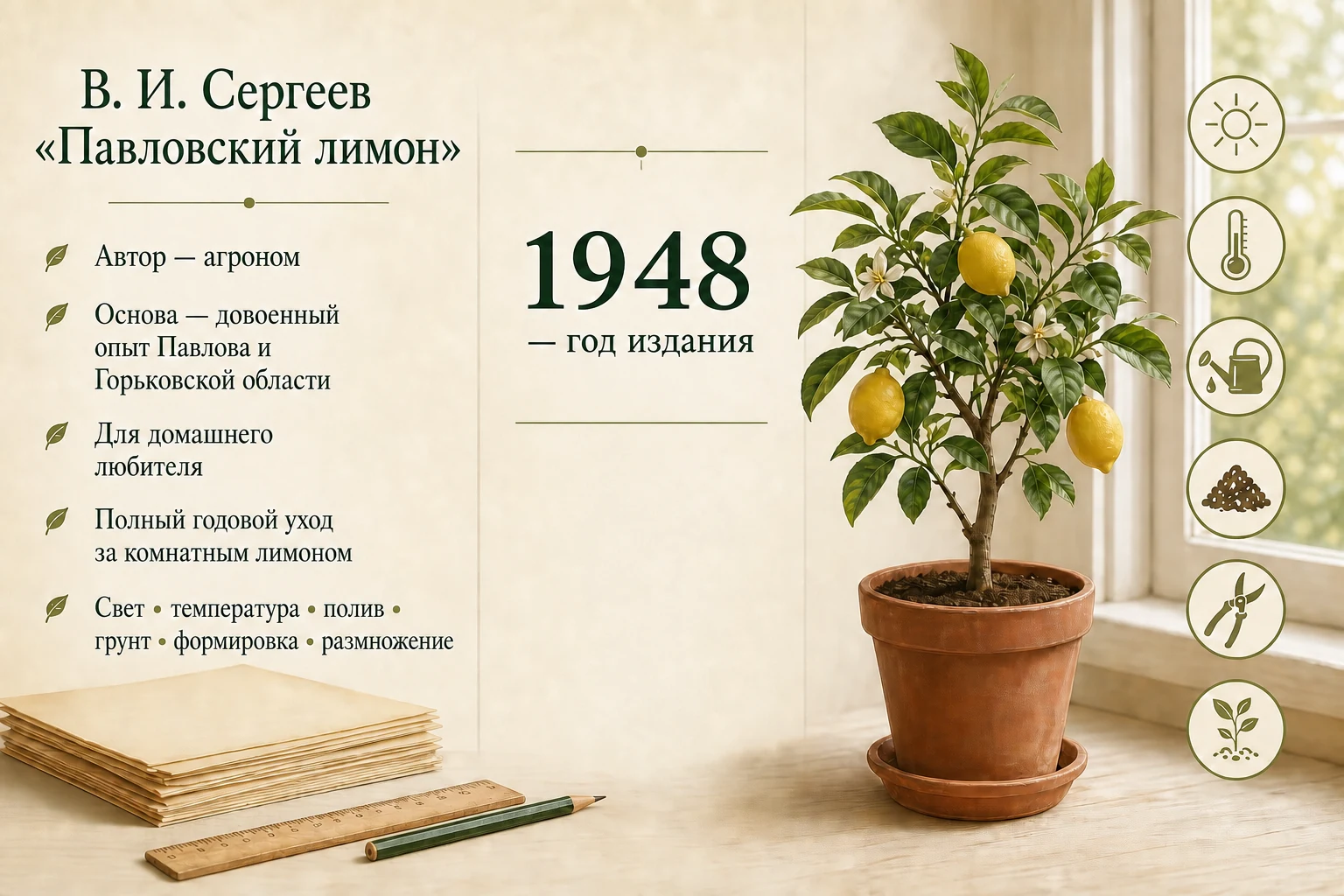 Краткая временная линия книги В. И. Сергеева «Павловский лимон»: агроном, довоенный опыт и издание 1948 года для домашнего любителя.
