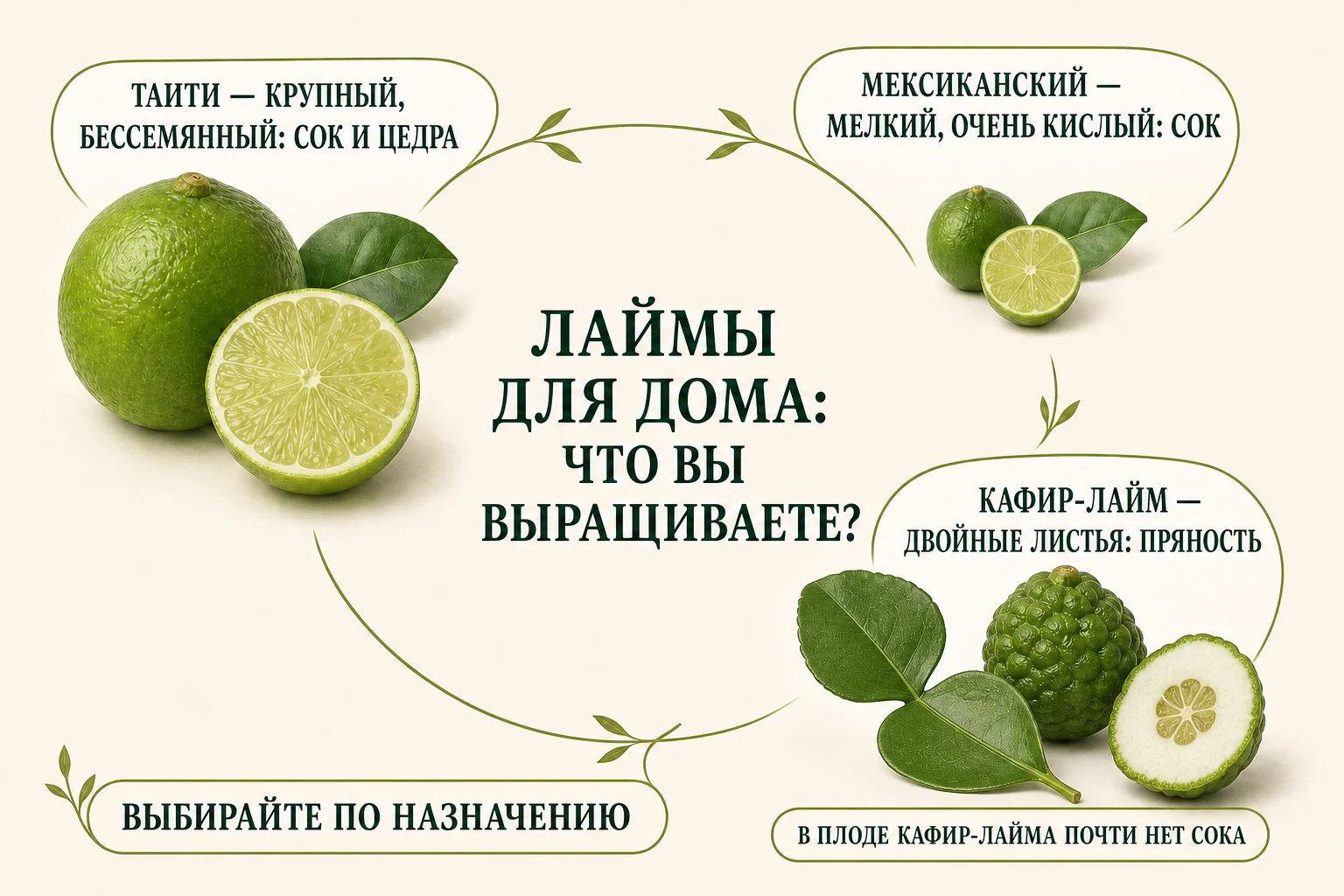 Различия лайма Таити, мексиканского лайма и кафир-лайма по плодам, листьям и применению