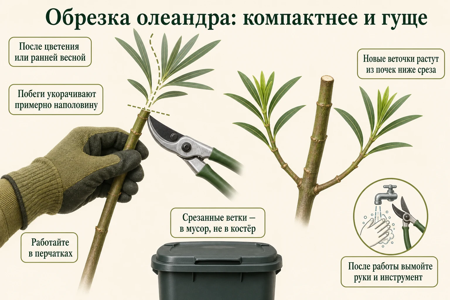 Безопасная обрезка олеандра в перчатках: побег укорачивают, новые веточки растут ниже среза, обрезки не сжигают.
