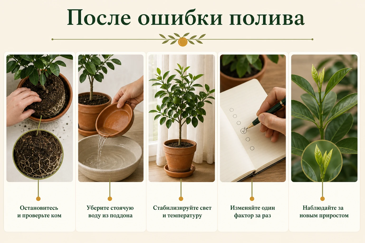 Спокойная последовательность после ошибки полива: проверка кома, удаление воды из поддона, стабильные условия и наблюдение нового прироста.