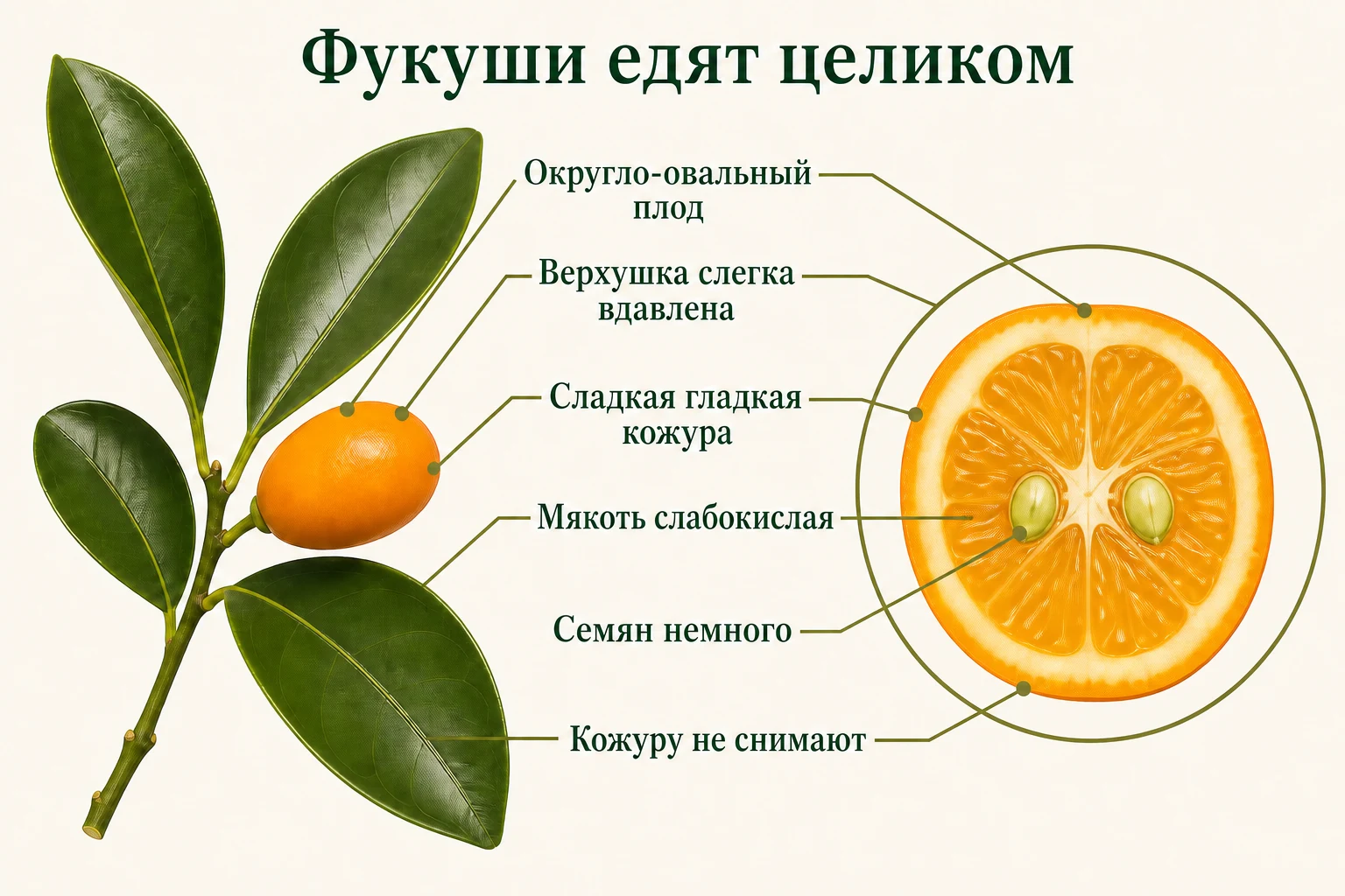 Цельный и разрезанный плод Фукуши со слегка вдавленной верхушкой, сладкой гладкой кожурой, слабокислой мякотью и малым числом семян.