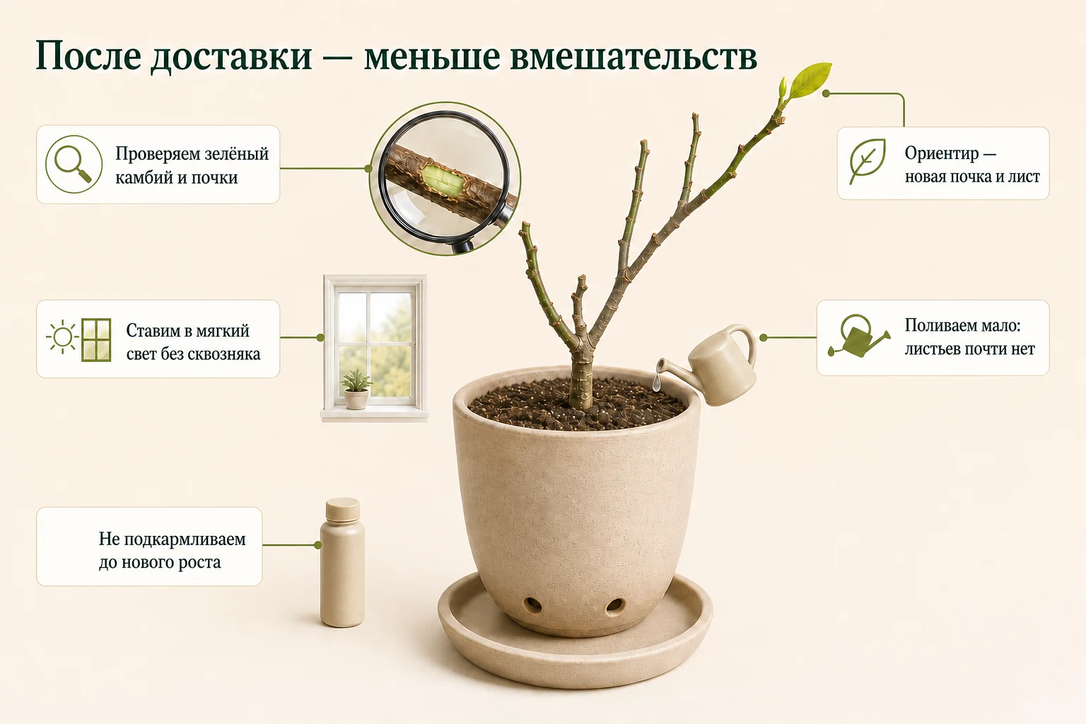 После доставки у грейпфрута проверяют камбий и почки, дают мягкий свет и щадящий полив, откладывая подкормку до нового прироста.