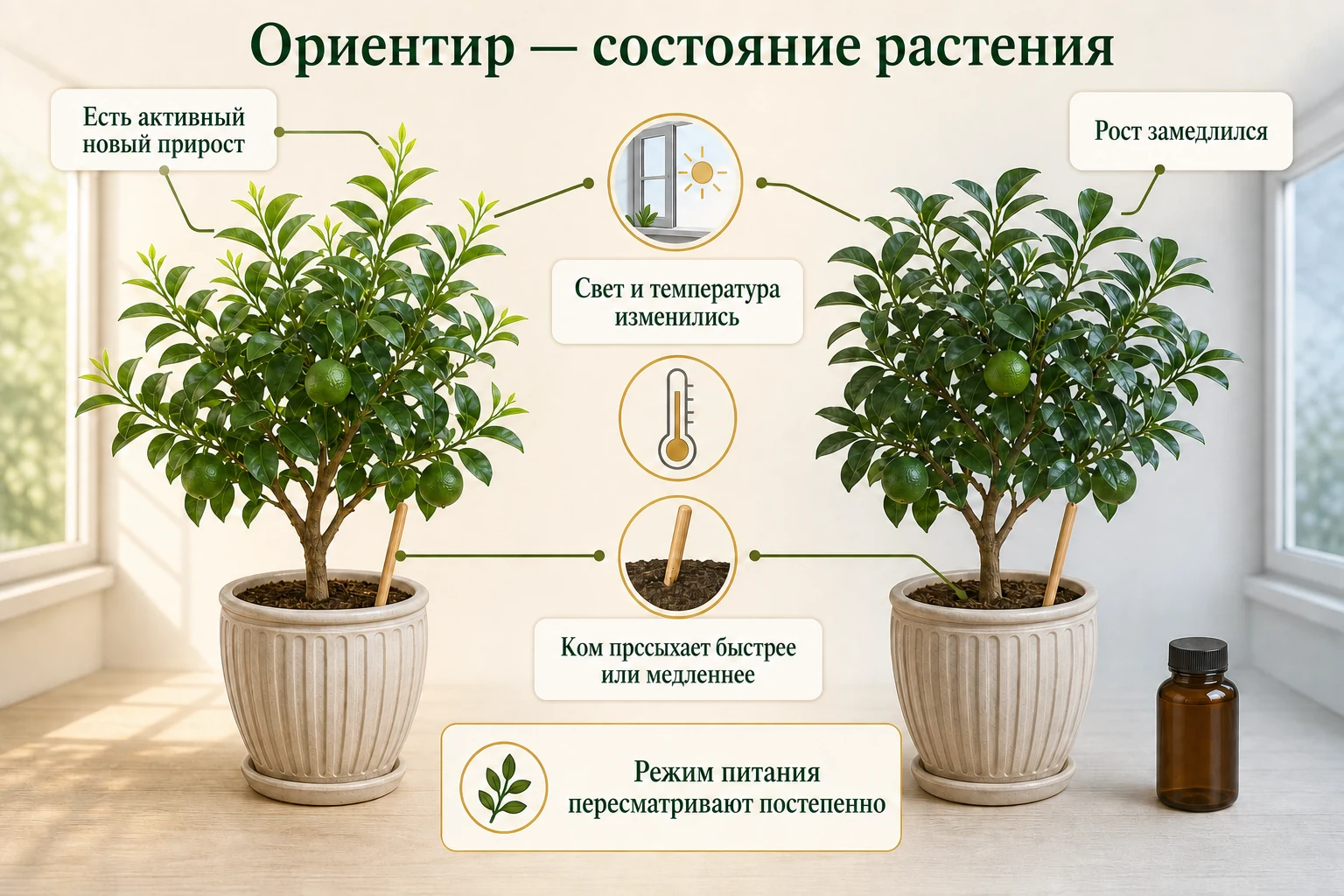 Сравнение активного роста и покоя цитруса по приросту, свету и просыханию грунта.