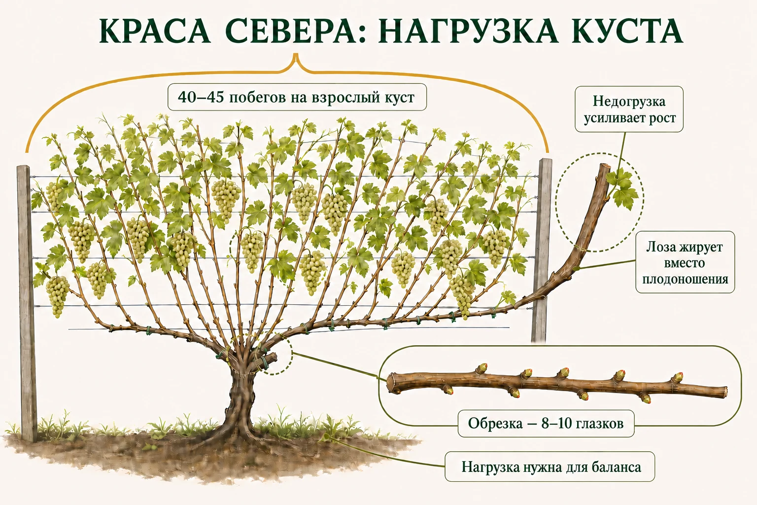 Взрослый куст Красы Севера с общей скобой 40–45 побегов, отдельным жирующим побегом и стрелкой на девять глазков.