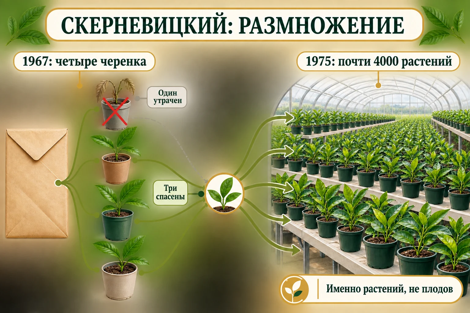 Схема размножения Скерневицкого лимона: четыре черенка в 1967 году, один утрачен, три спасены, почти 4000 растений к 1975 году.