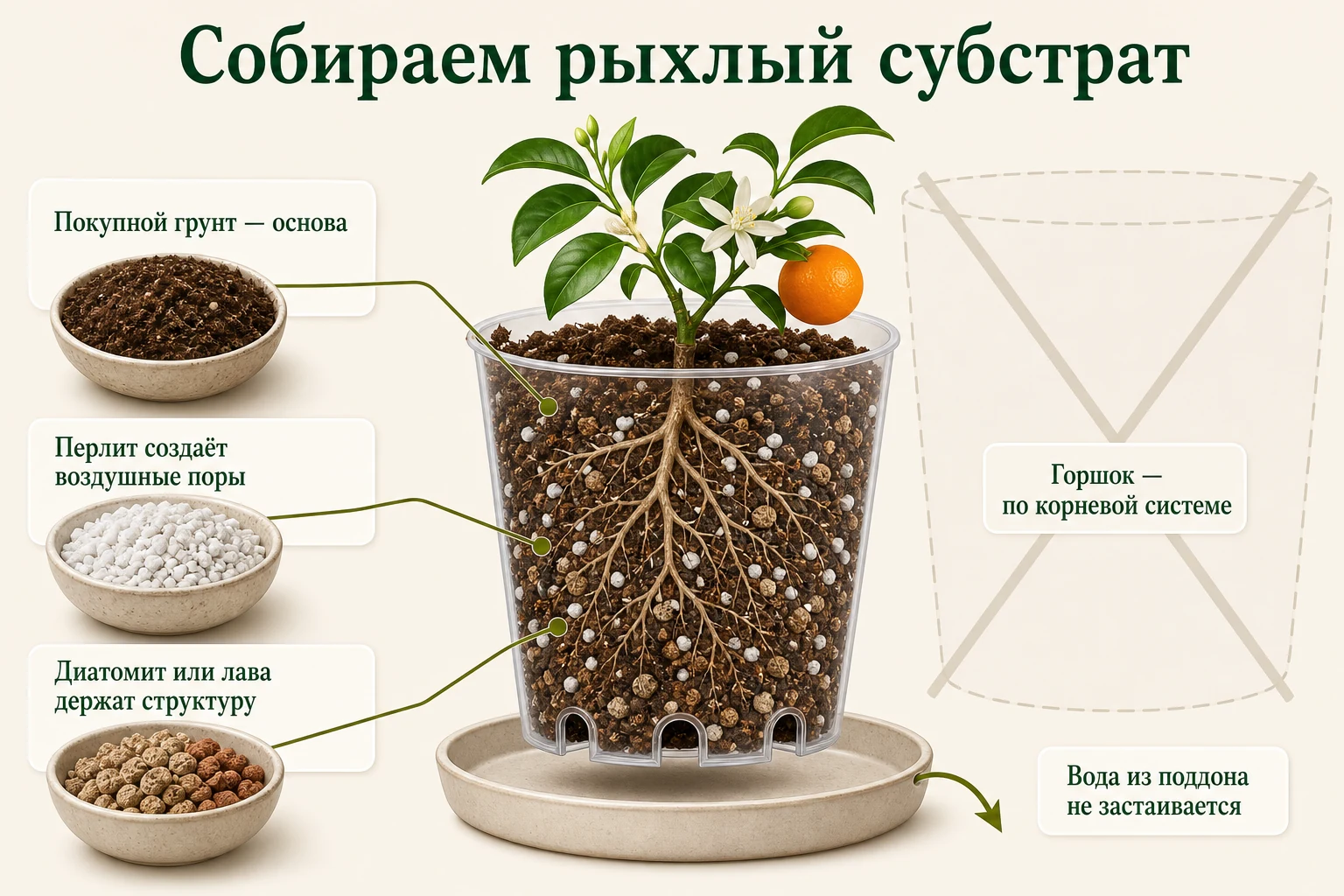 Покупной грунт используют как основу, добавляя перлит и пористые минералы, а горшок подбирают по корневой системе.