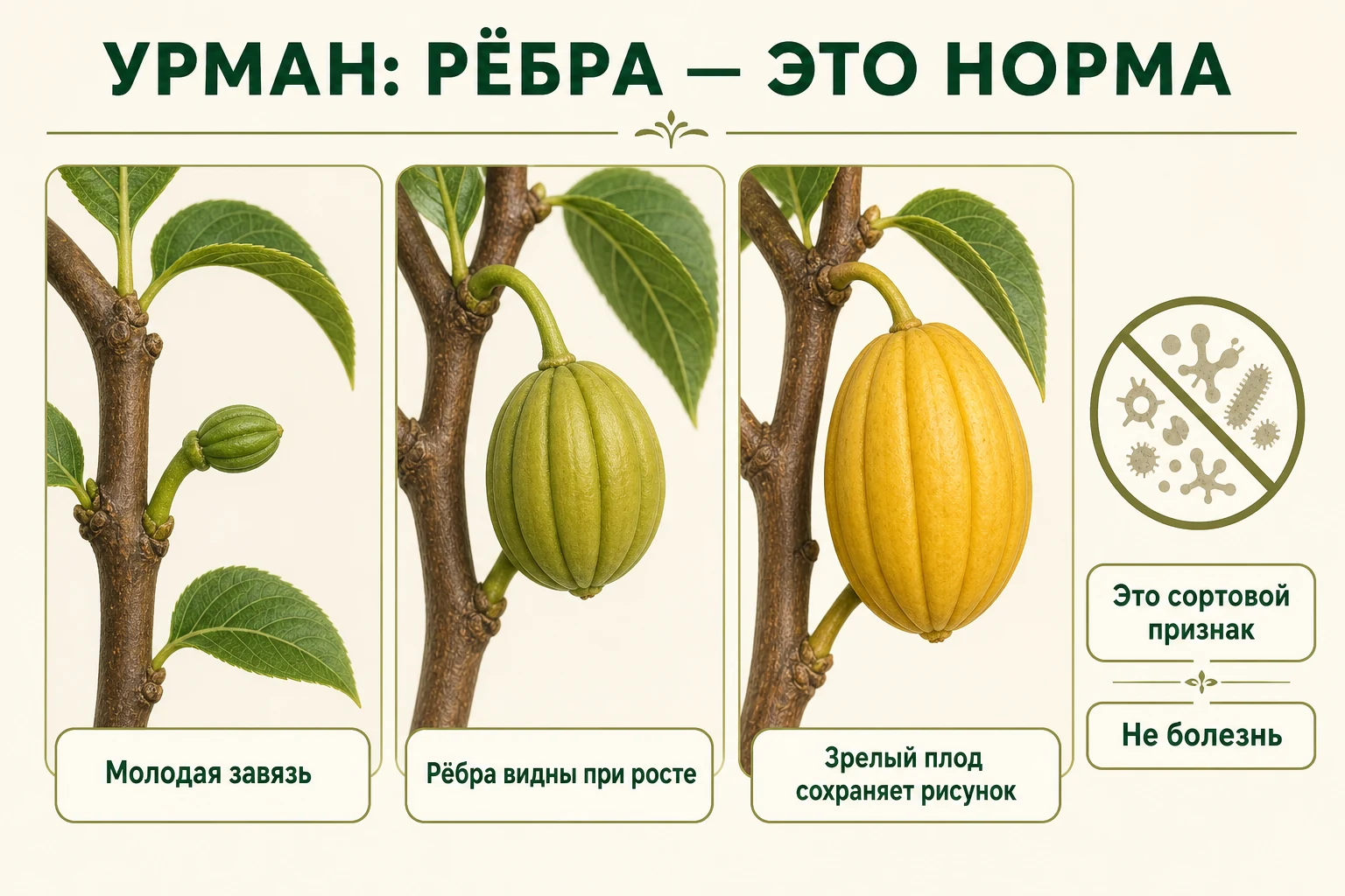Три стадии роста здорового плода Урмана, на которых сохраняется характерный продольный рисунок рёбер.