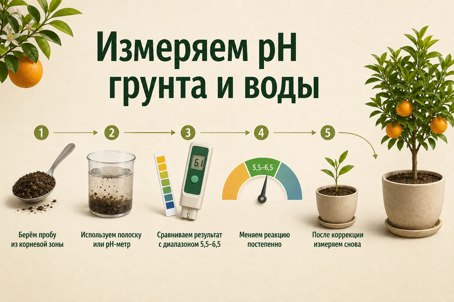 Измерить и скорректировать pH: наглядная схема для комнатных цитрусов