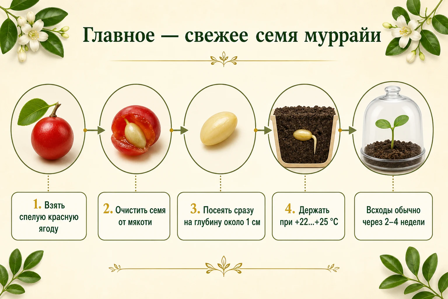 Посев свежего семени муррайи: красная ягода, очищенное семя, глубина около 1 см и всход через 2–4 недели.