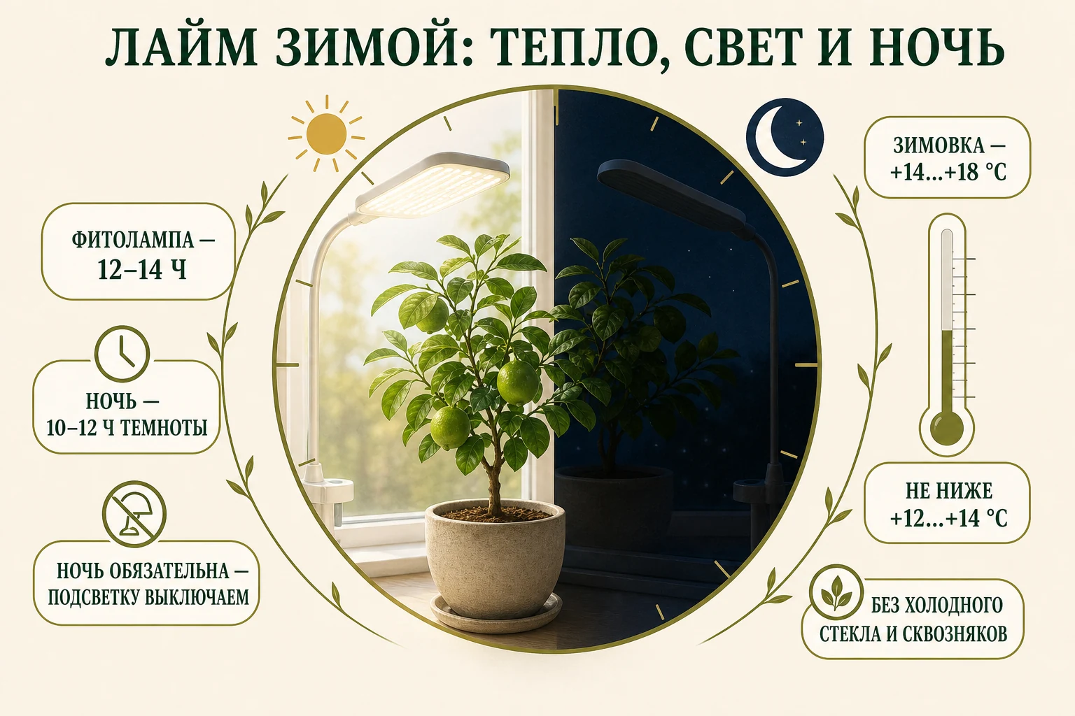 Суточный режим зимовки лайма: 12–14 часов света, обязательная тёмная ночь и температура +14…+18 градусов