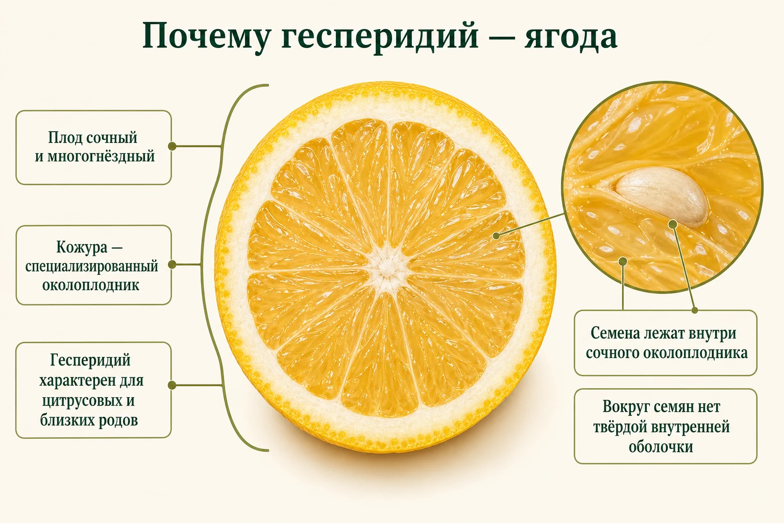 Семя внутри сочной дольки гесперидия без твёрдой косточки, что соответствует ботаническому определению ягоды.