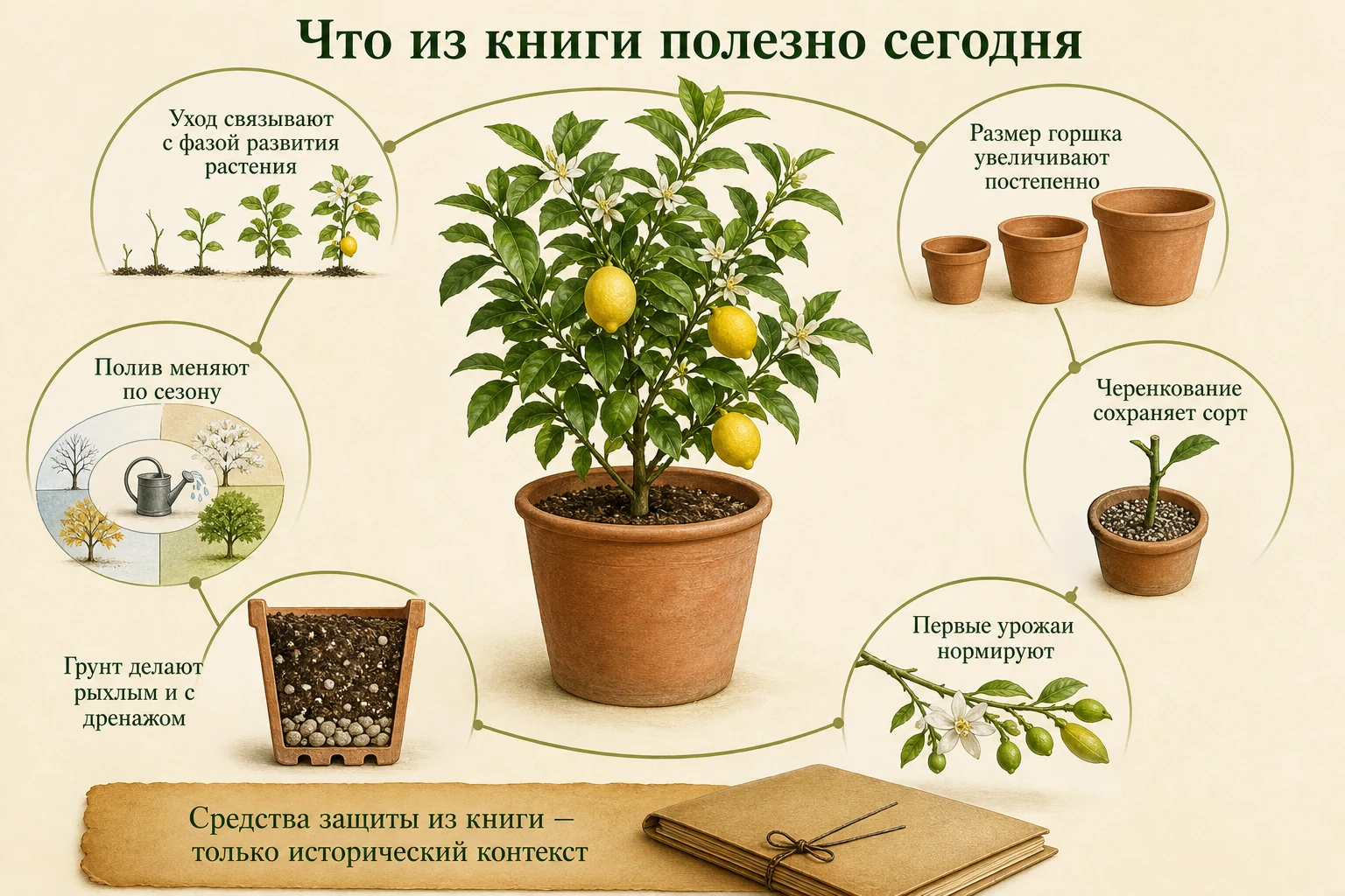 Актуальные принципы из книги Сергеева: сезонный уход, дренаж, постепенная смена горшка, черенкование и нормирование первых урожаев.