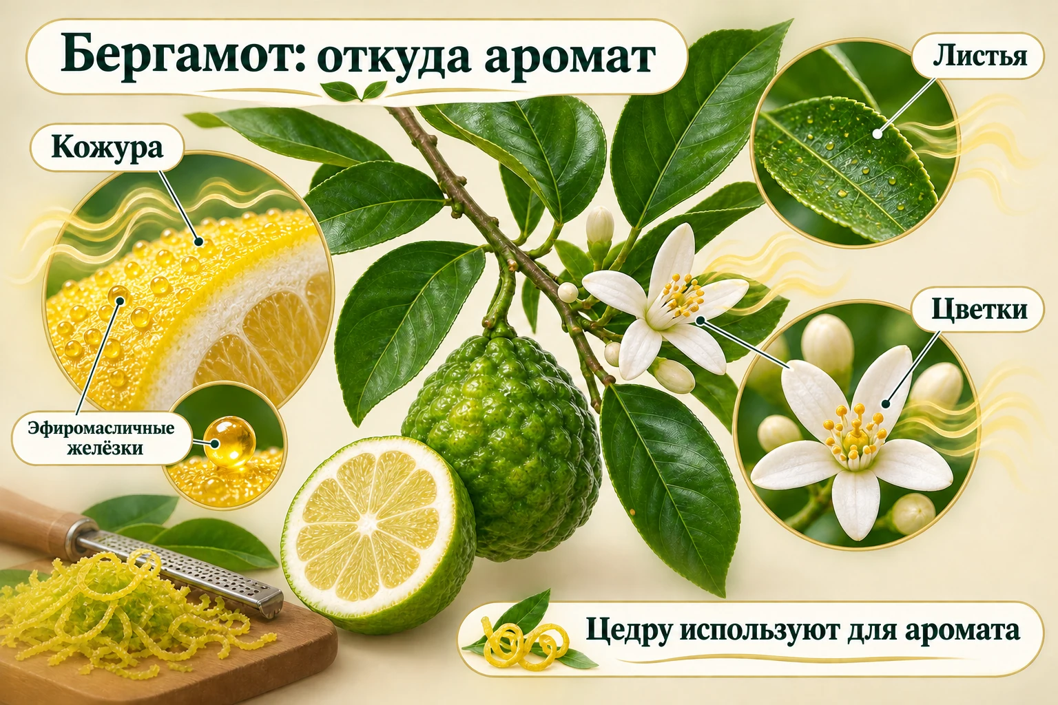 Кожура с эфиромасличными желёзками, лист и цветок как источники характерного аромата бергамота.