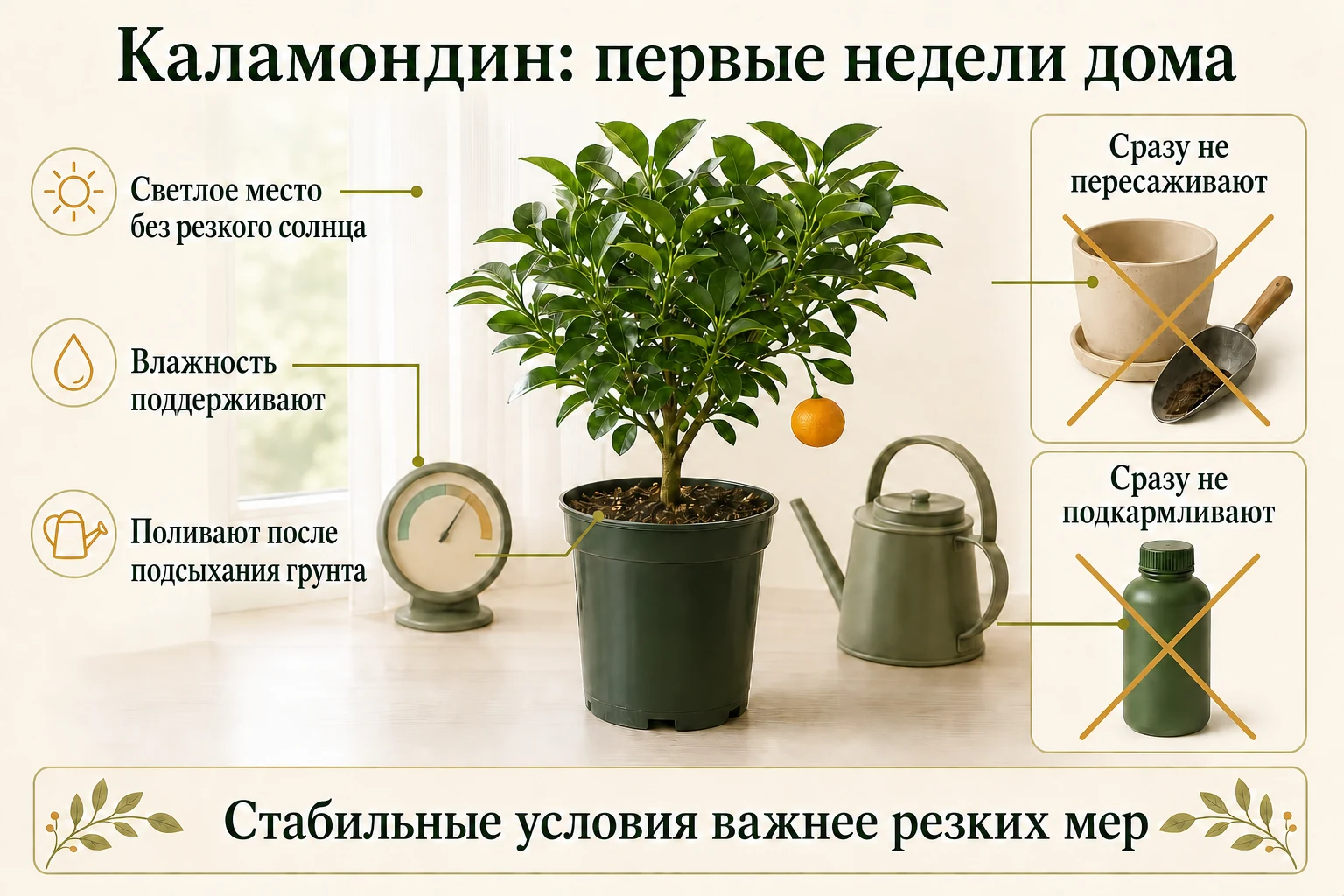 Памятка для первых недель каламондина дома: стабильный свет и влажность, умеренный полив, без немедленной пересадки и подкормки.