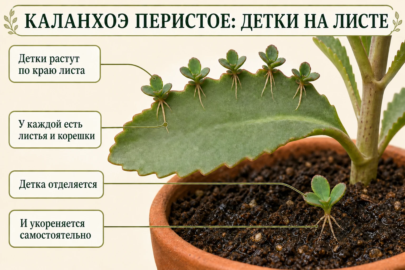 Лист каланхоэ перистого с пятью укореняемыми детками по краю и одной деткой, отделившейся в грунт.