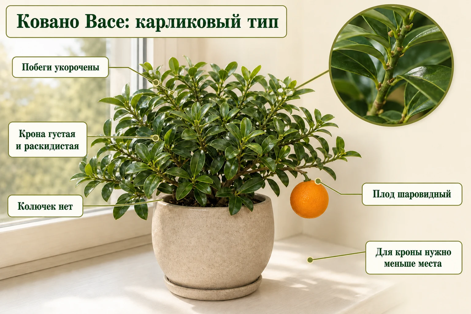 Компактный карликовый мандарин Ковано Васе с густой раскидистой кроной, укороченными побегами и одним шаровидным плодом.