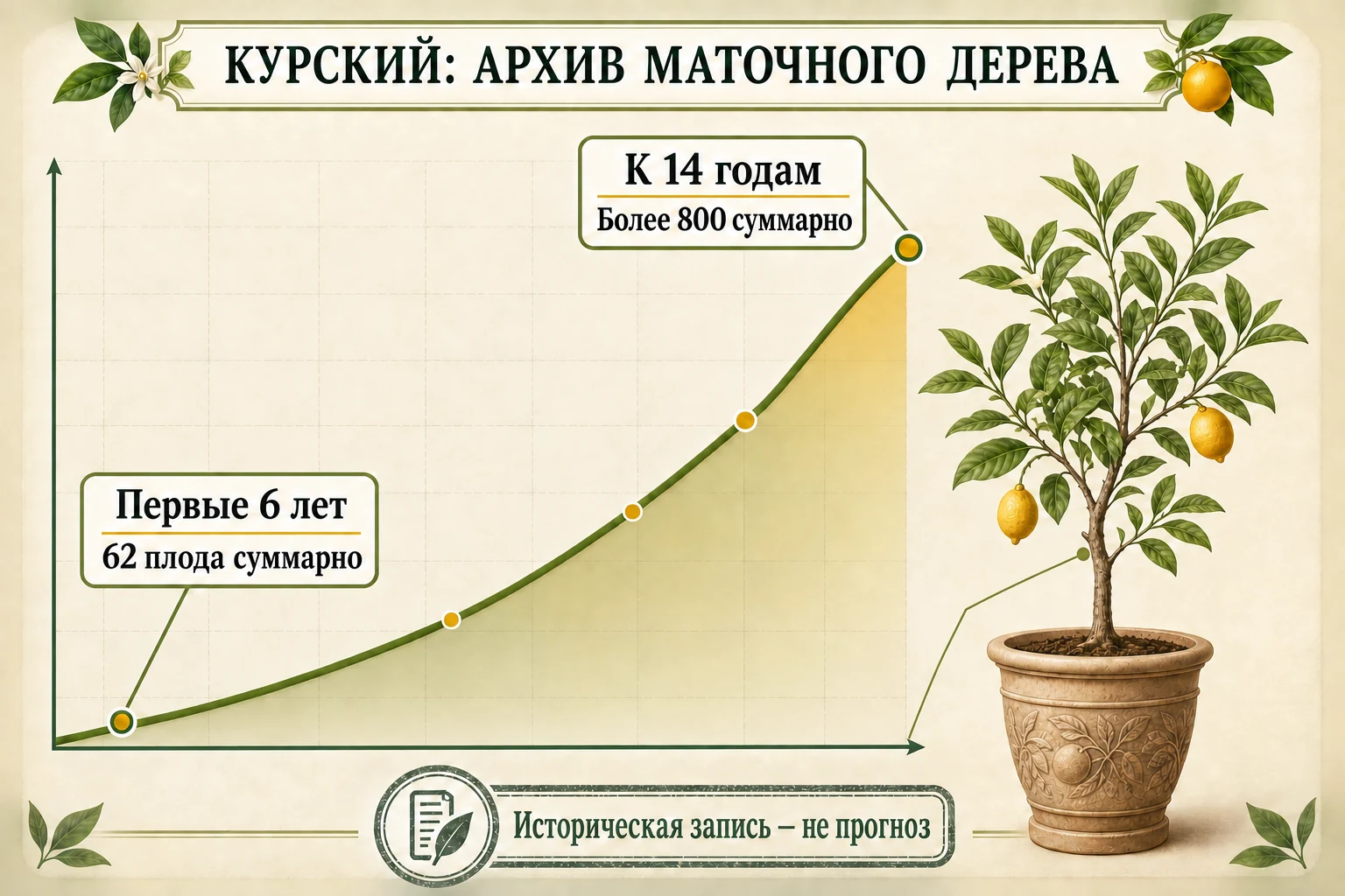 Архивная накопительная кривая маточного Курского лимона: 62 плода за первые шесть лет и более 800 к четырнадцати годам.