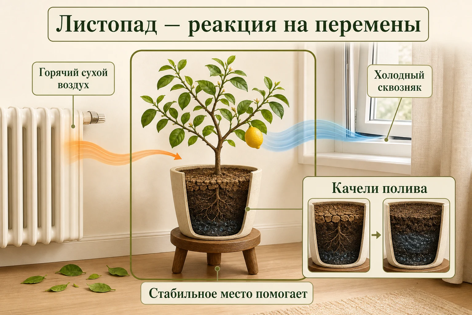 Три частые причины листопада лимона: горячий сухой воздух, холодный сквозняк и качели полива; помогает стабильное место.