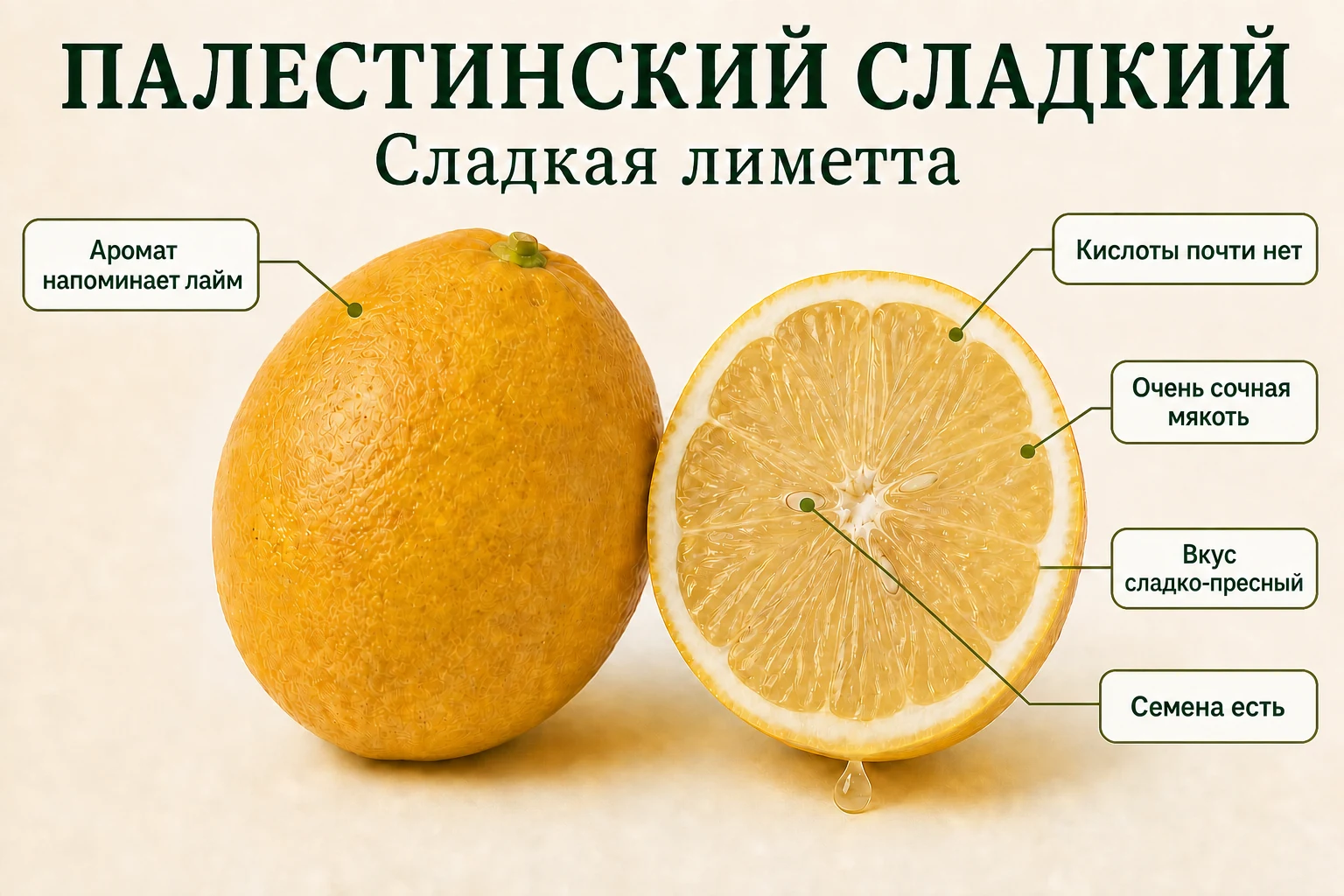Разрез Палестинского сладкого лайма с очень сочной светлой мякотью, мелкими семенами и почти без кислоты.