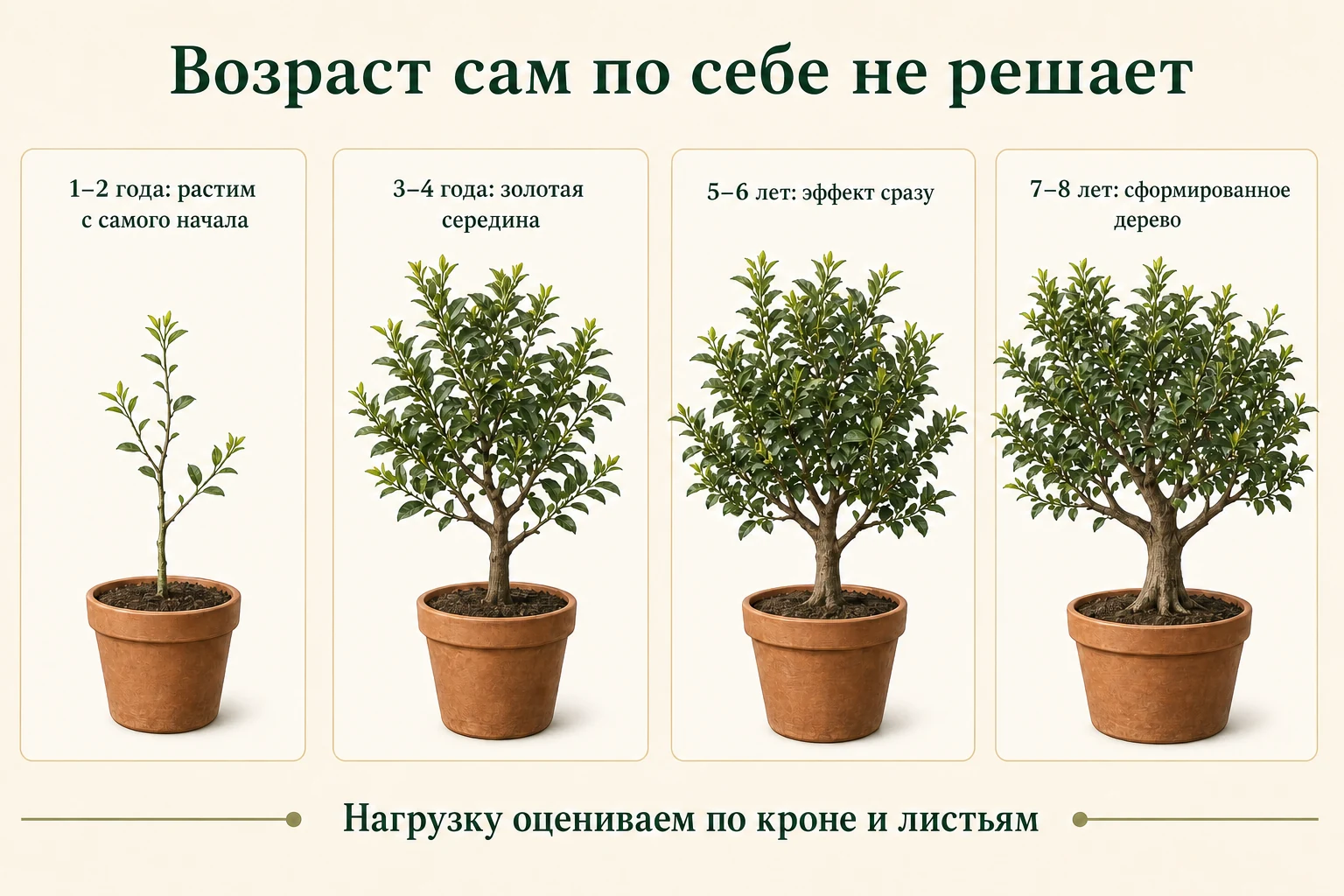 Пандероза проходит стадии от молодого саженца до сформированного дерева, но нагрузку плодами оценивают по реальной кроне и числу листьев, а не только по возрасту.