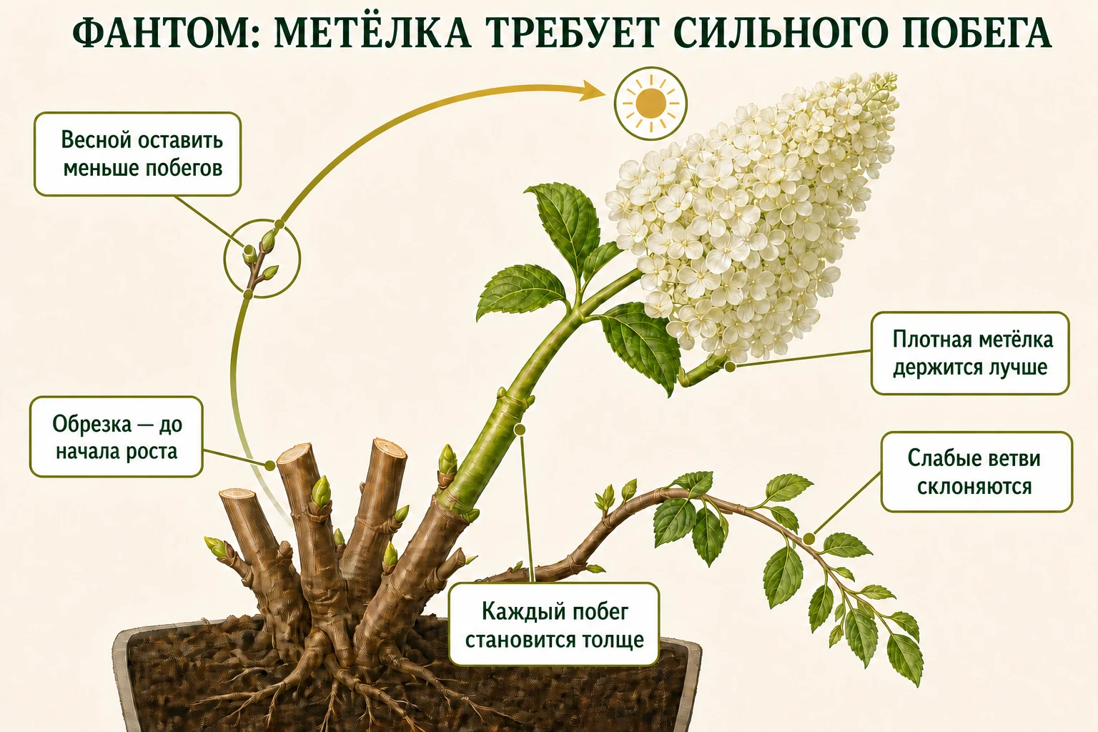 Весенние срезы Фантома, толстый новый побег и удерживаемая им крупная плотная метёлка.