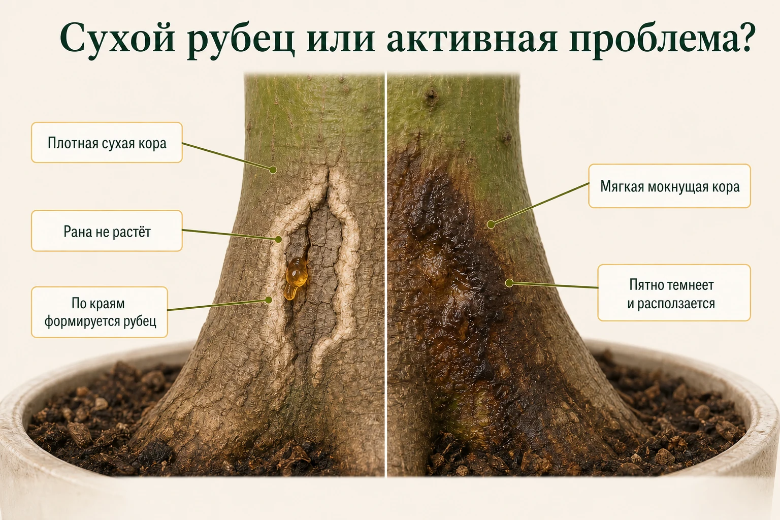 Сухая плотная кора и формирующийся рубец отличаются от мягкой мокнущей коры с расширяющимся тёмным пятном.