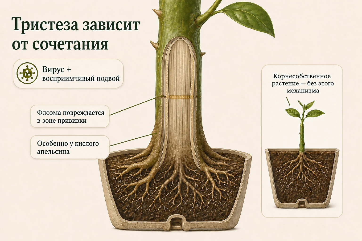 Разрез зоны прививки с повреждением флоэмы и небольшой пример корнесобственного черенка без подвоя.