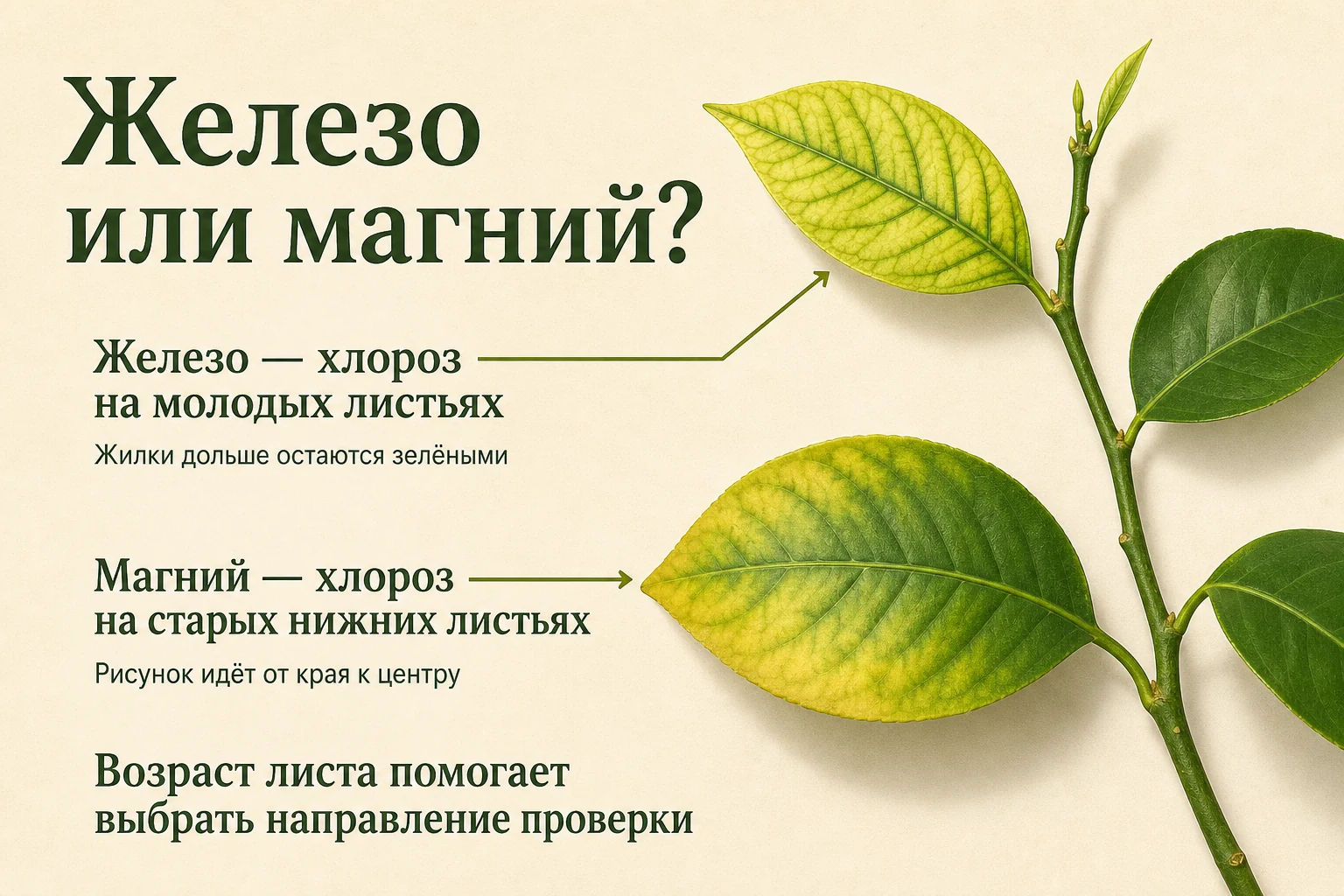 Железо или магний: молодые и старые листья: наглядная схема для комнатных цитрусов