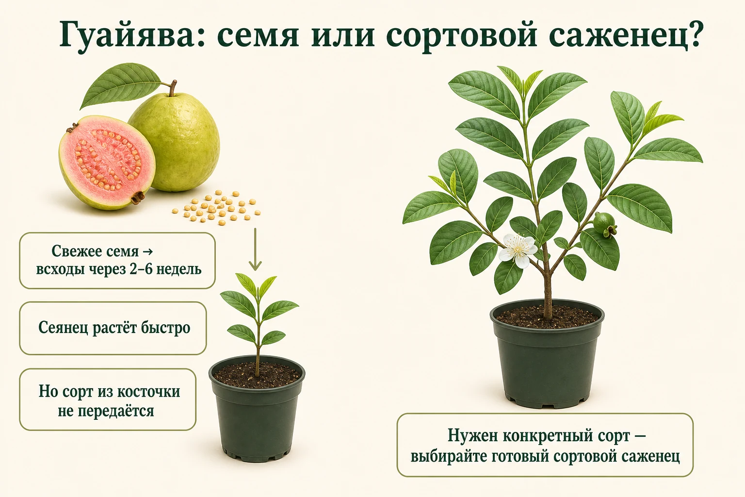 Два пути выращивания гуайявы: свежие семена дают всходы через 2–6 недель, а готовый сортовой саженец сохраняет известные сортовые признаки.